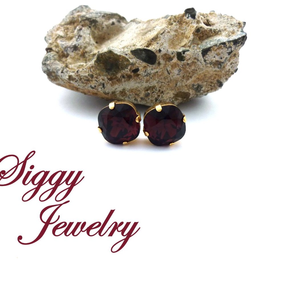 Swarovski Burgundy Cushion Cut Stud Earrings, 12mm - Picture 5 of 8
